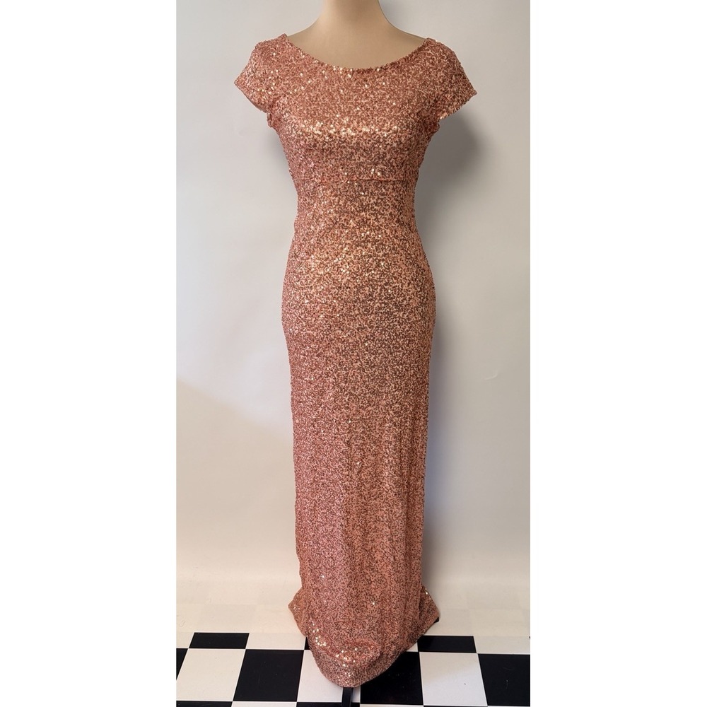 Y2K Womens Formal Maxi Dress Hoco Medium Rose Gold Fully Sequin Bling Glam Retro
